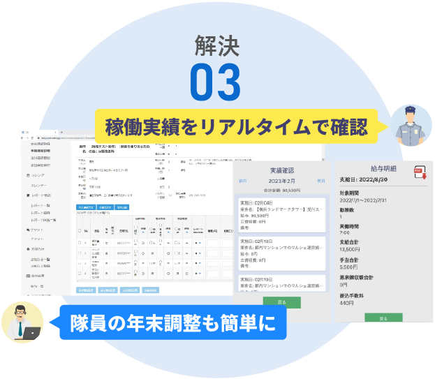 隊員の稼働実績を一発確認。請求額の自動算出、請求書発行もらくらく！